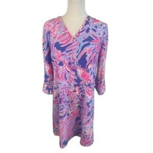 Lilly Pulitzer‎ V-Neck Shift Dress Colorful Print 3/4 Sleeve Size XS
